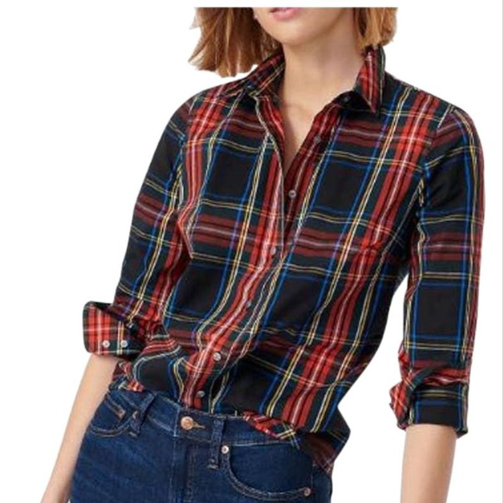 Black Slim Stretch Perfect Shirt In Stewart Tartan 2p Button-down Top